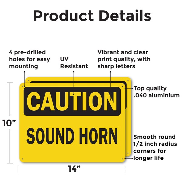 Sound Horn Caution Sign, Aluminum, 14in W X 10in L, 2PK